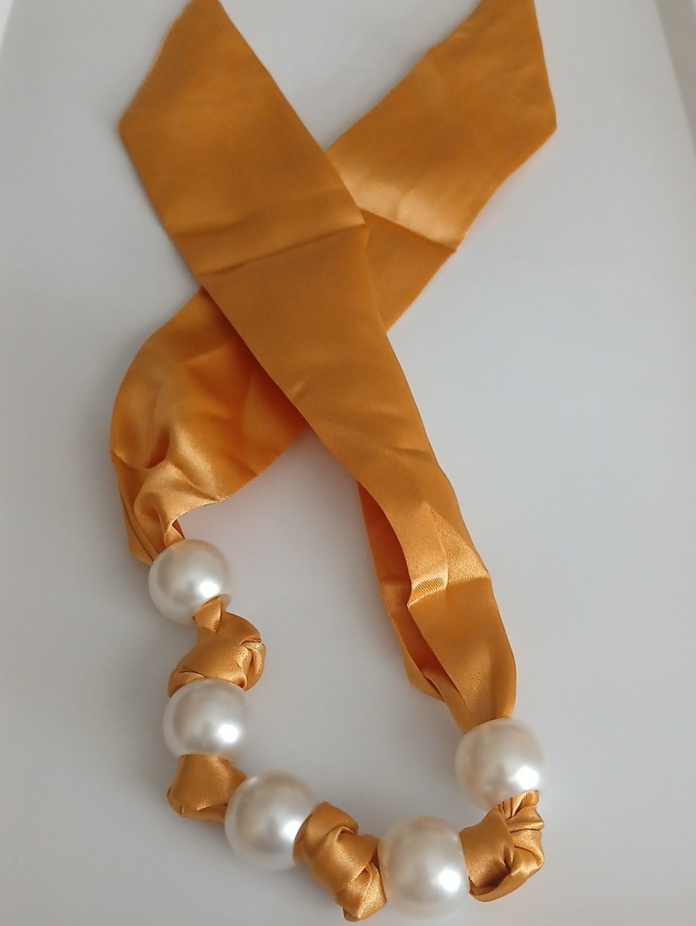 Fashion Jewelry Gold Satin Ribbon Necklace with White Pearls  Mustard